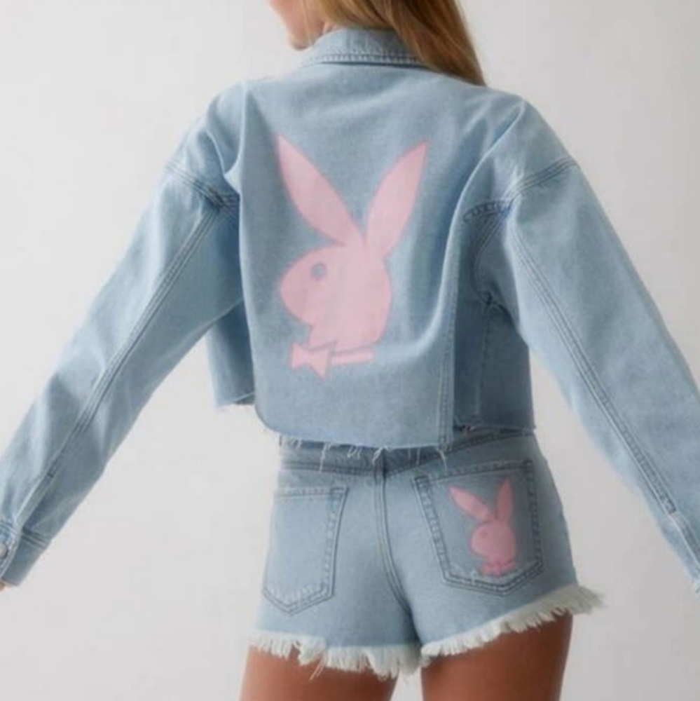 PLAYBOY By Pacsun Logo Crop Denim Jean Jacket Size Medium Large